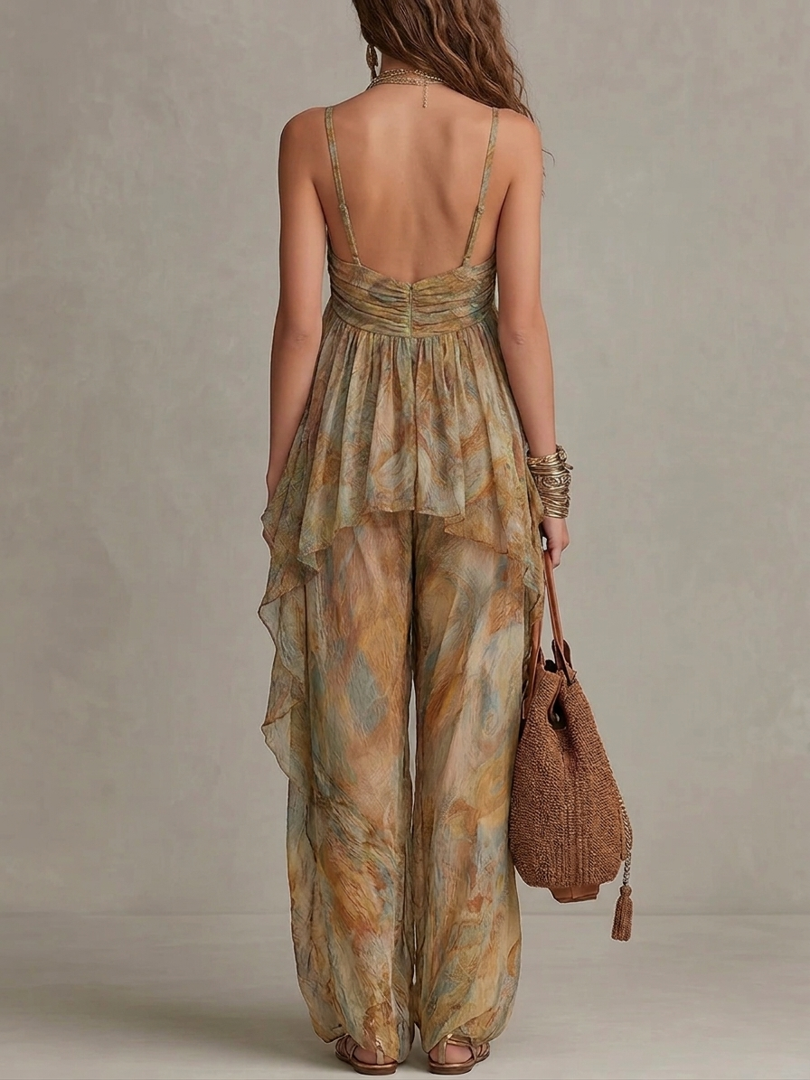 Conjunto de Blusa de Chiffon con Volantes y Pantalones de Pierna Ancha