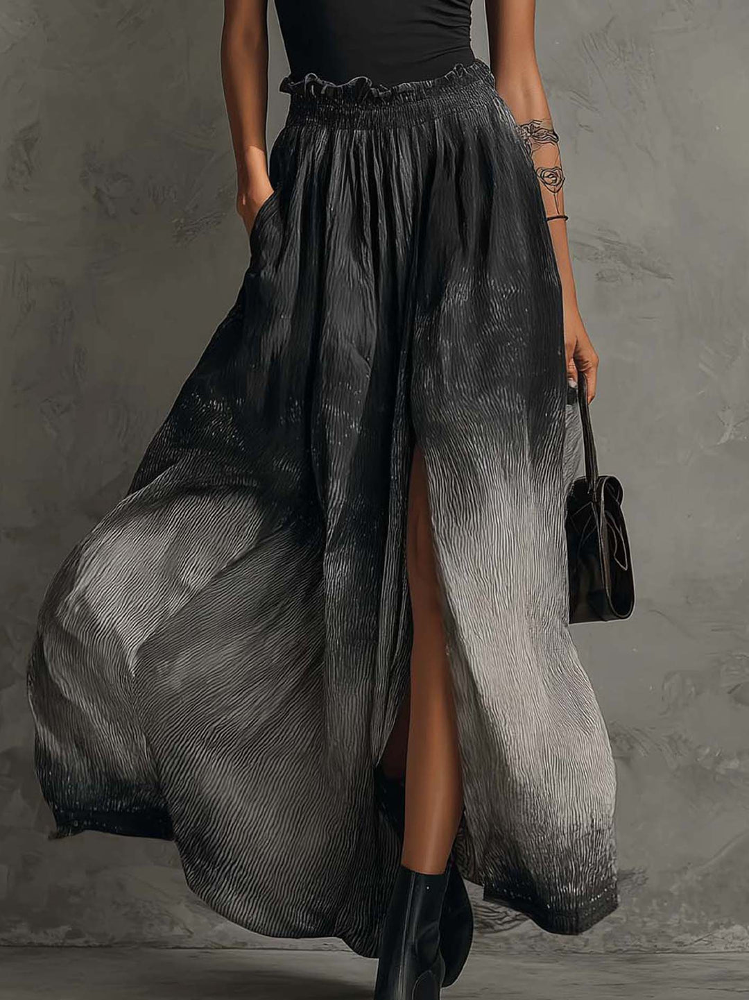 Conjunto de Top con Volantes Off Shoulder y Falda Maxi Plisada en Degradado