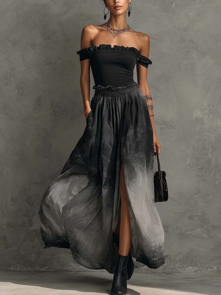 Conjunto de Top Off Shoulder con Volantes y Falda Larga Plisada con Efecto Gradiente
