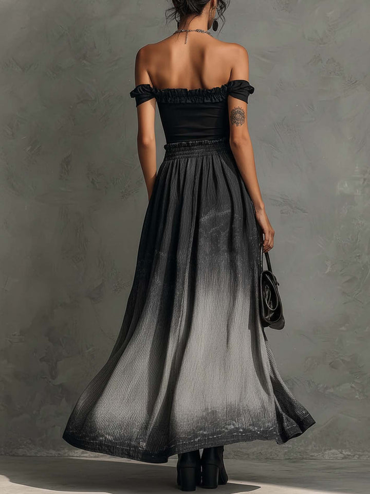Conjunto de Top Off Shoulder con Volantes y Falda Larga Plisada con Efecto Gradiente