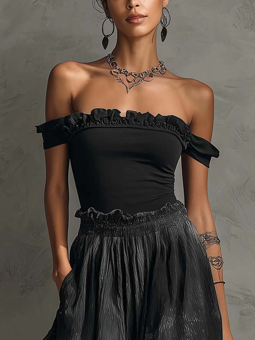 Conjunto de Top con Volantes Off Shoulder y Falda Maxi Plisada en Degradado