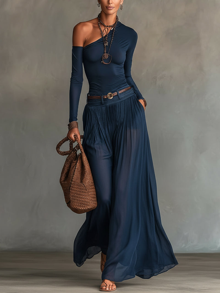 Conjunto de Top Celeste de Un Hombro y Falda de Tul