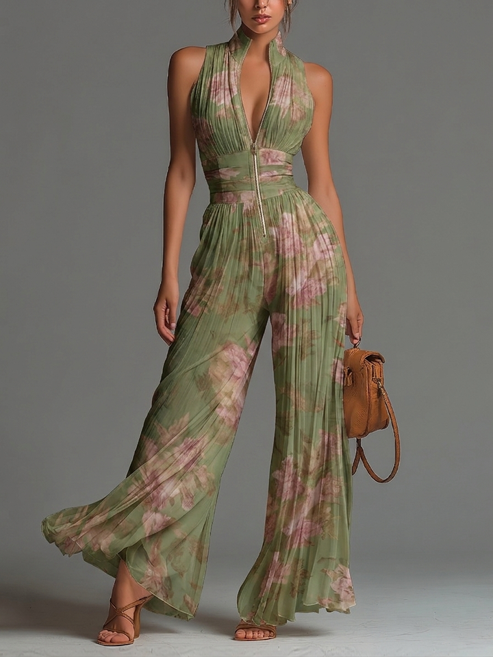 Conjunto de Chifón Verde Floral con Escote en V, Sin Mangas, con Cierre de Cremallera y Pliegues, de Piernas Anchas