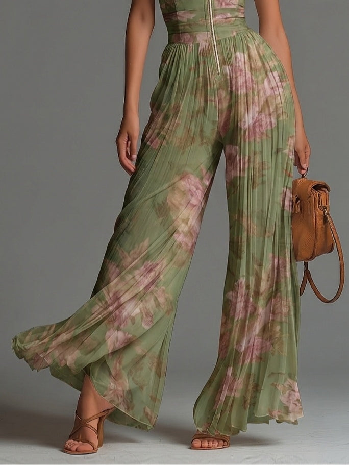 Conjunto de Chifón Verde Floral con Escote en V, Sin Mangas, con Cierre de Cremallera y Pliegues, de Piernas Anchas
