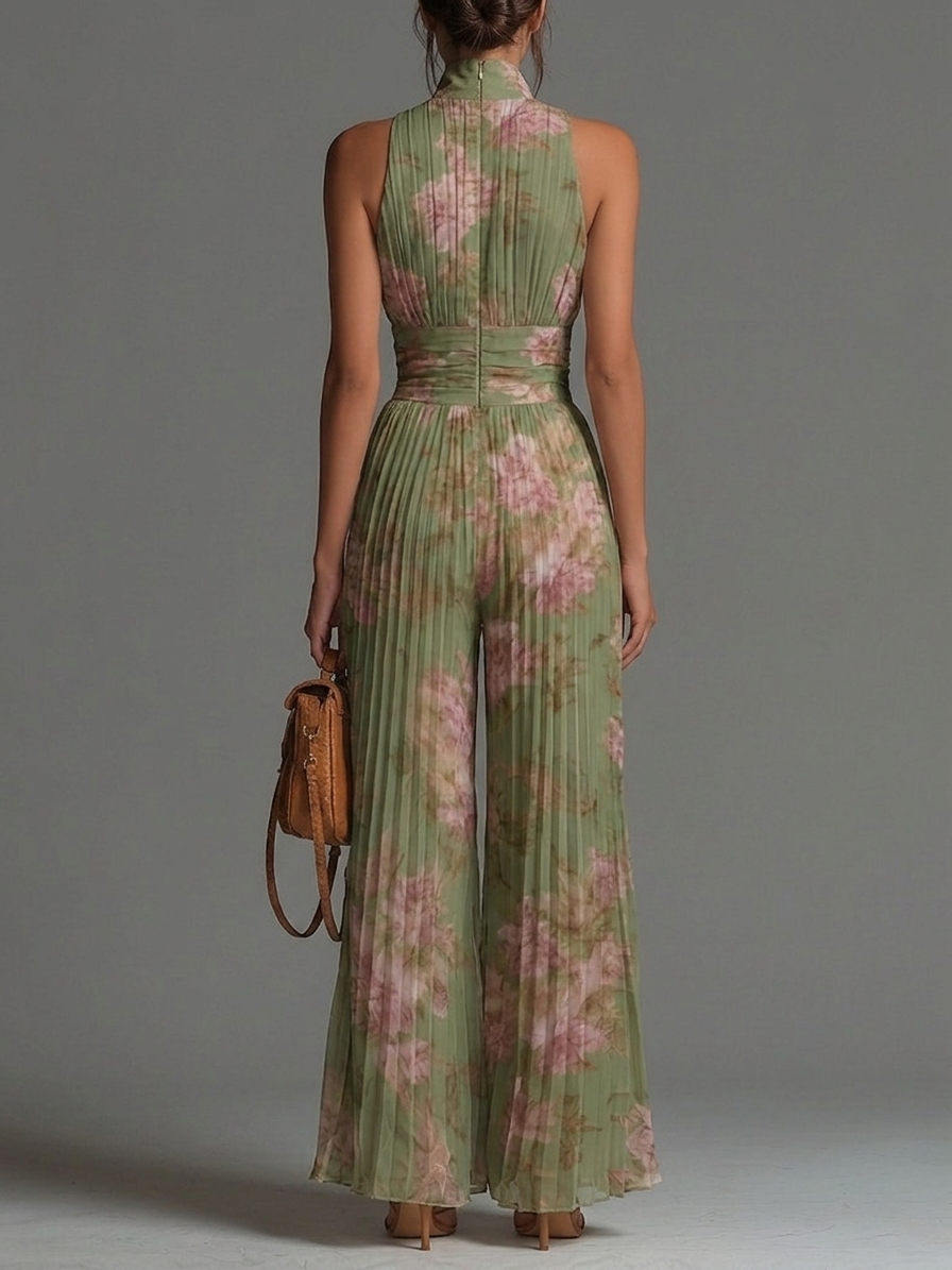 Conjunto de Chifón Verde Floral con Escote en V, Sin Mangas, con Cierre de Cremallera y Pliegues, de Piernas Anchas