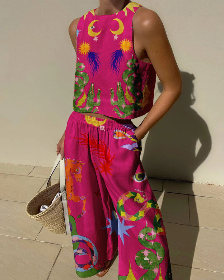 Conjunto de Top Sin Mangas con Estampado y Pantalones con Bolsillos