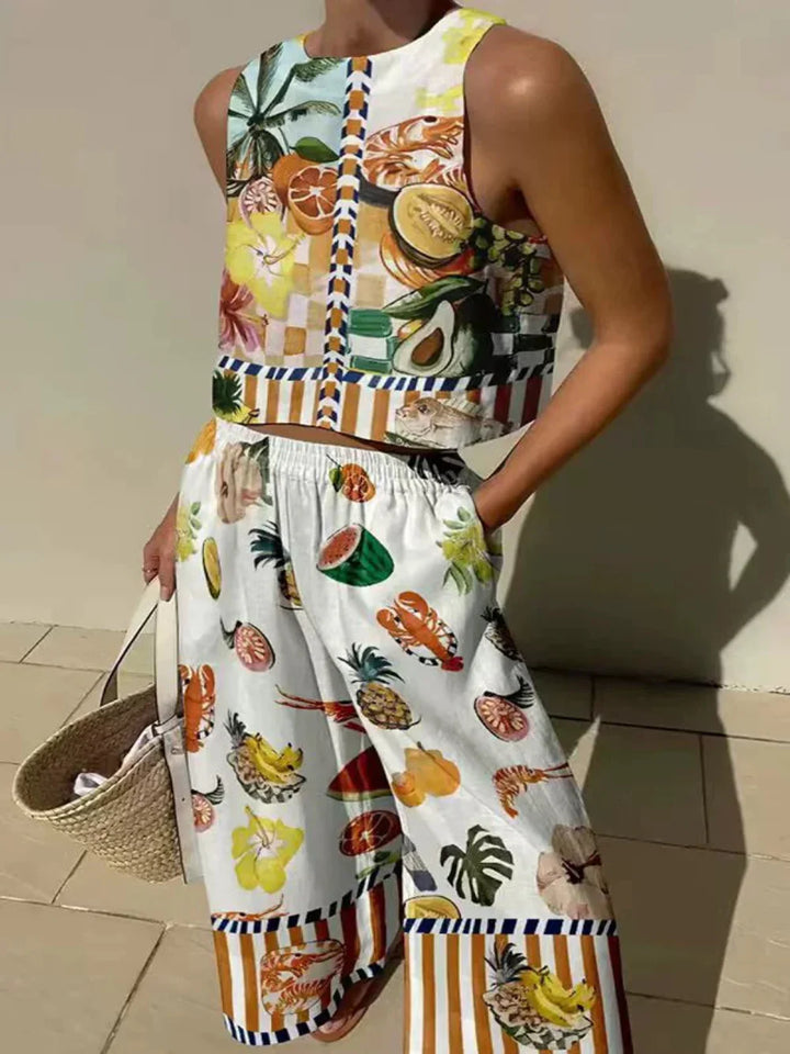 Conjunto de Top Sin Mangas con Estampado y Pantalones con Bolsillos