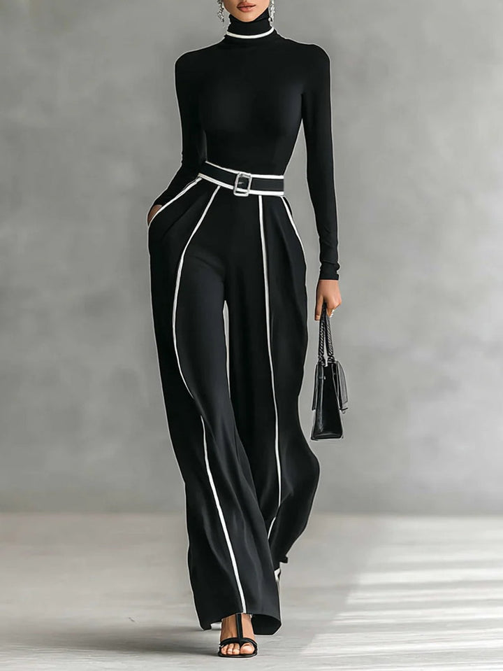 Renata™ | Conjunto de top de cuello alto de manga larga y pantalón de pernera ancha con cinturón