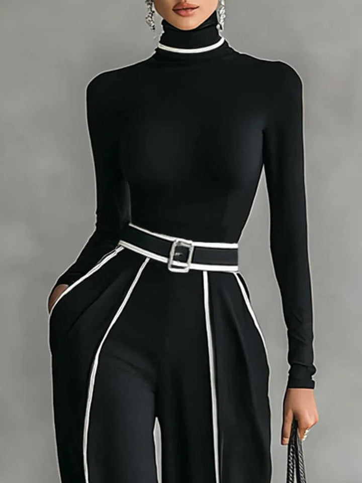 Renata™ | Conjunto de top de cuello alto de manga larga y pantalón de pernera ancha con cinturón