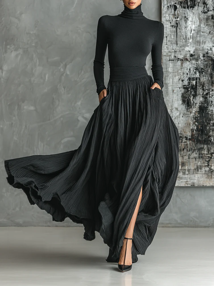 Conjunto de Suéter de Cuello Alto Negro y Falda Plisada Samantha