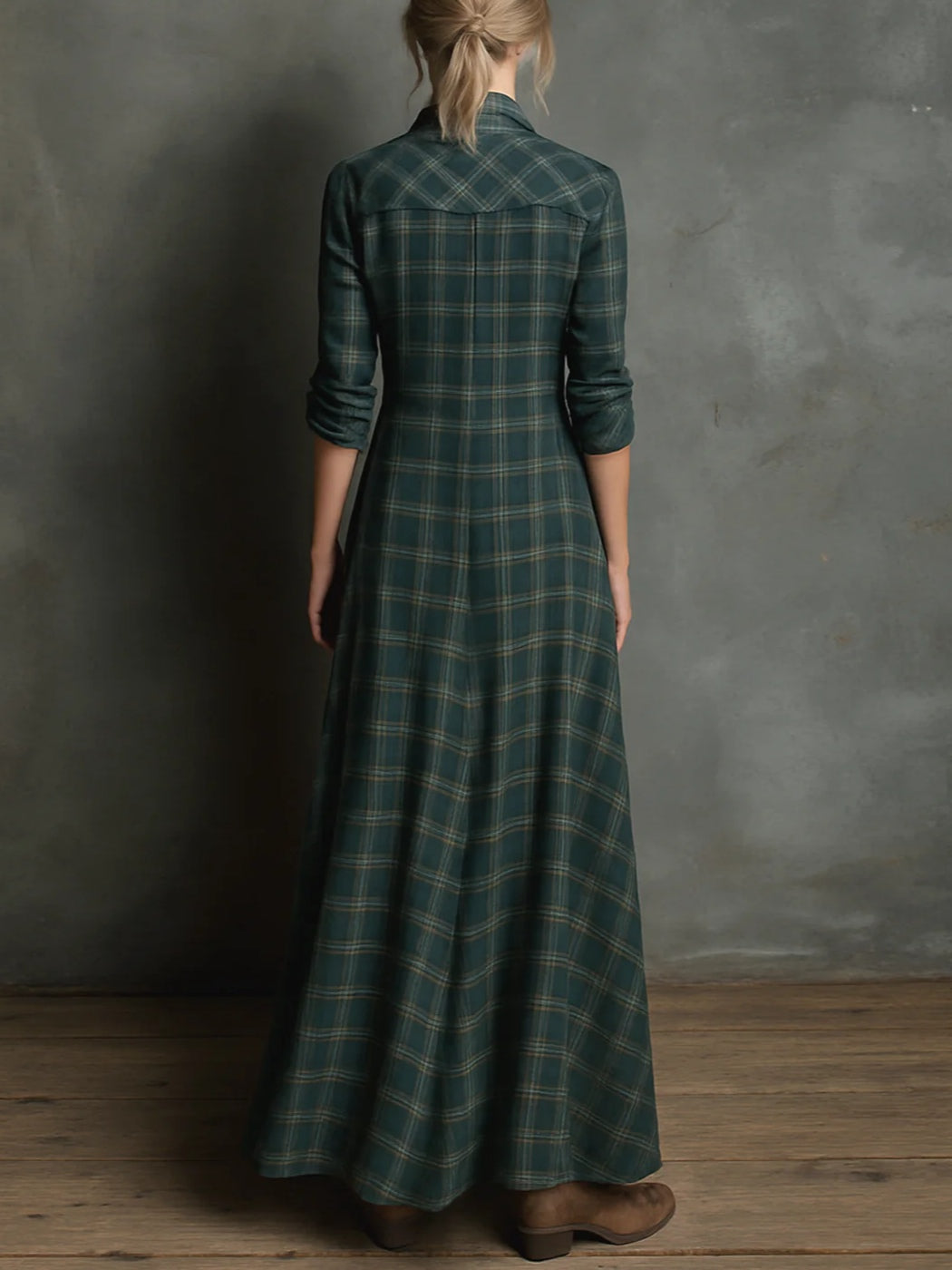 Livia - Vestido largo con cuello de camisa y estampado de cuadros verdes