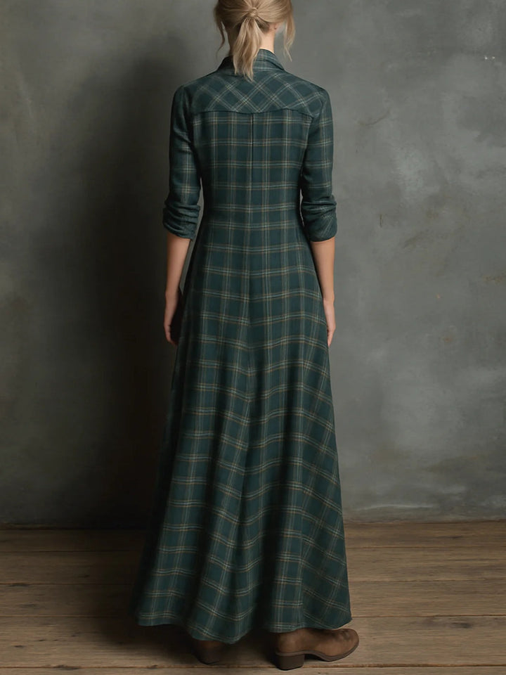 Livia - Vestido largo con cuello de camisa y estampado de cuadros verdes