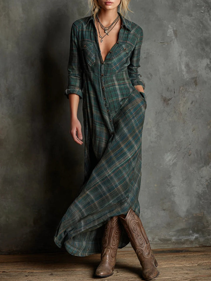 Livia - Vestido largo con cuello de camisa y estampado de cuadros verdes