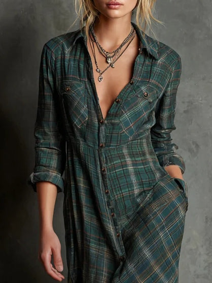 Livia - Vestido largo con cuello de camisa y estampado de cuadros verdes