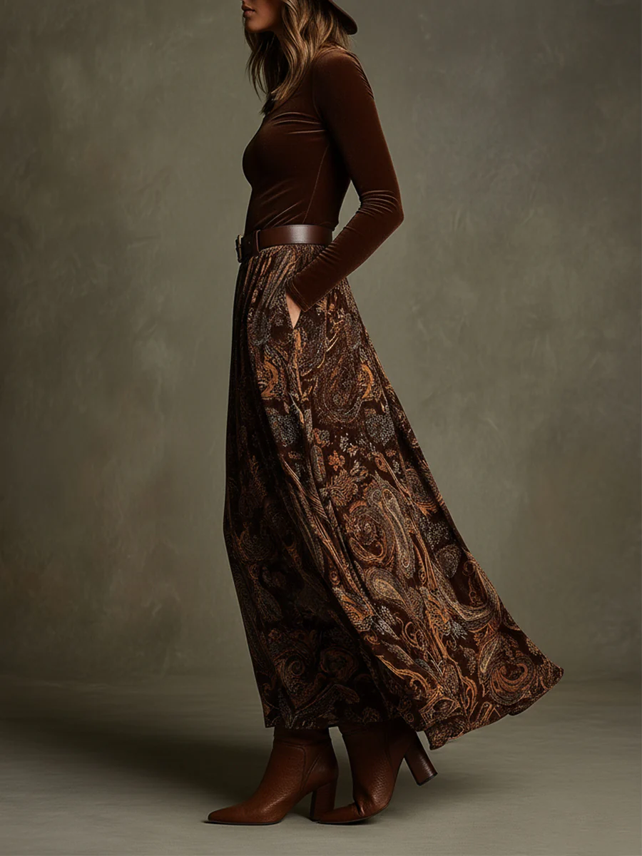 Conjunto de Top de Terciopelo Vivienne y Falda Maxi de Estampado Paisley