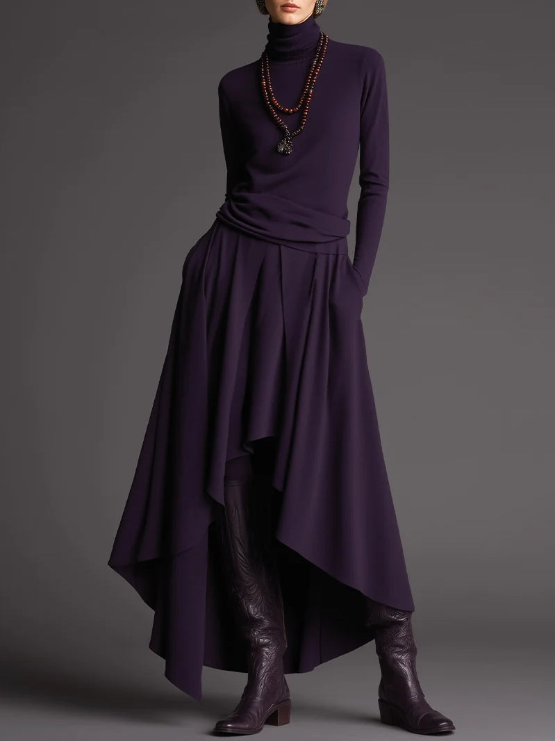 Conjunto de Top de Cuello Alto y Falda Asimétrica en Color Lila