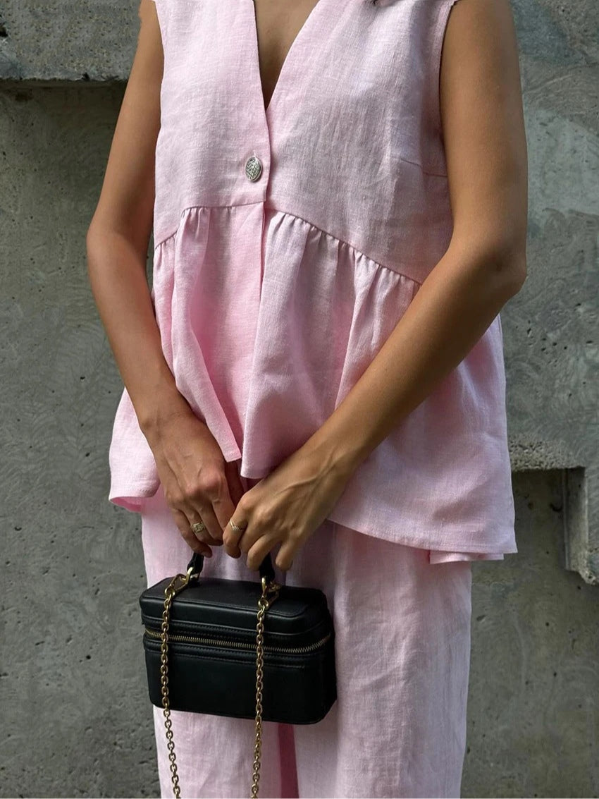 Conjunto de Dos Piezas Rizado con Escote en V Color Lila