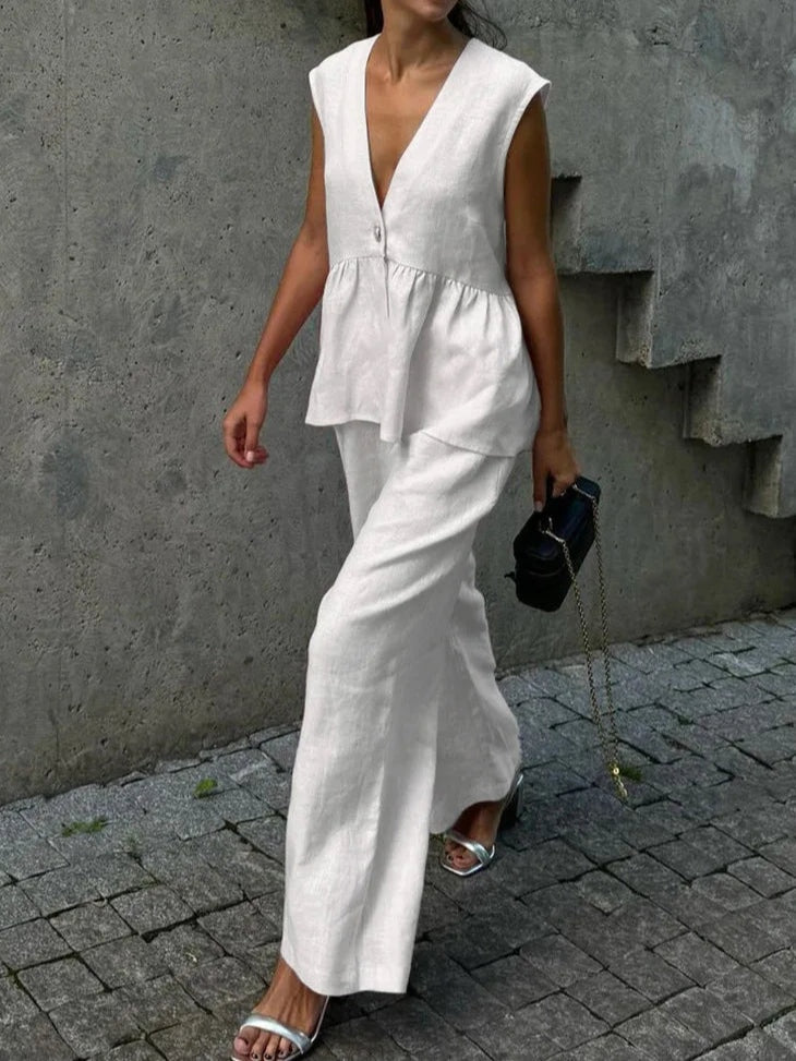 Conjunto de Dos Piezas Rizado con Escote en V Color Lila