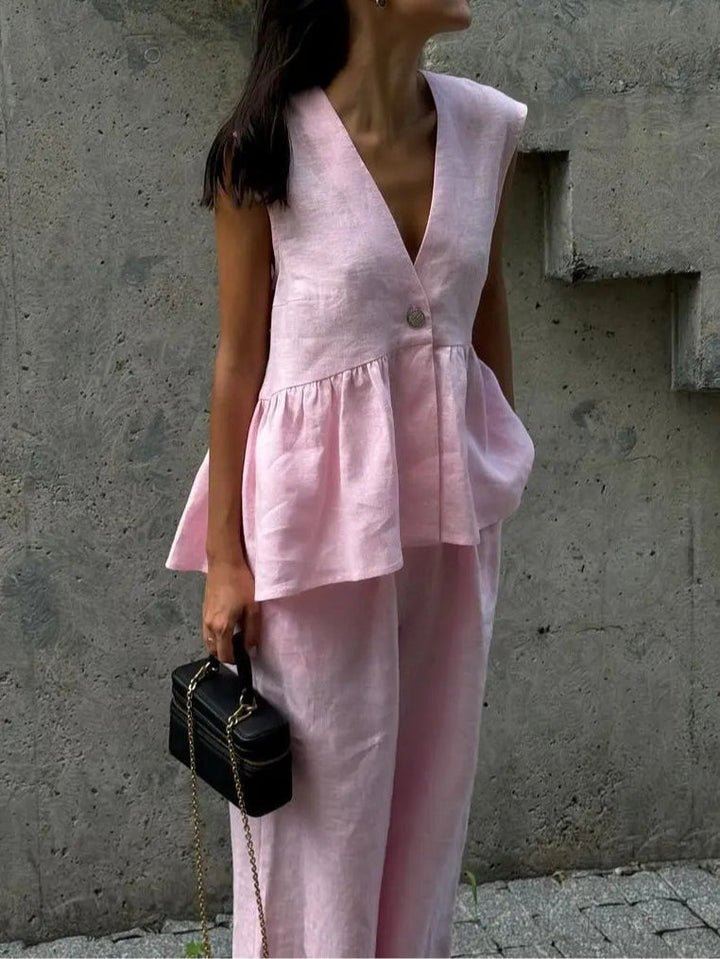 Conjunto de Dos Piezas Rizado con Escote en V Color Lila