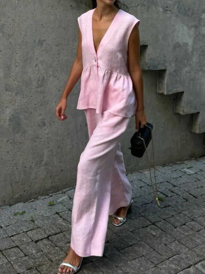Conjunto de Dos Piezas Rizado con Escote en V Color Lila