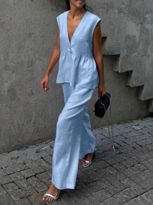 Conjunto de Dos Piezas Lila con Cuello en V y Volantes