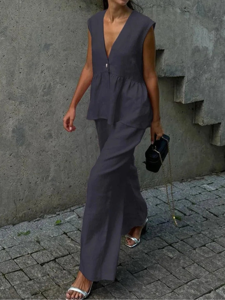 Conjunto de Dos Piezas Rizado con Escote en V Color Lila