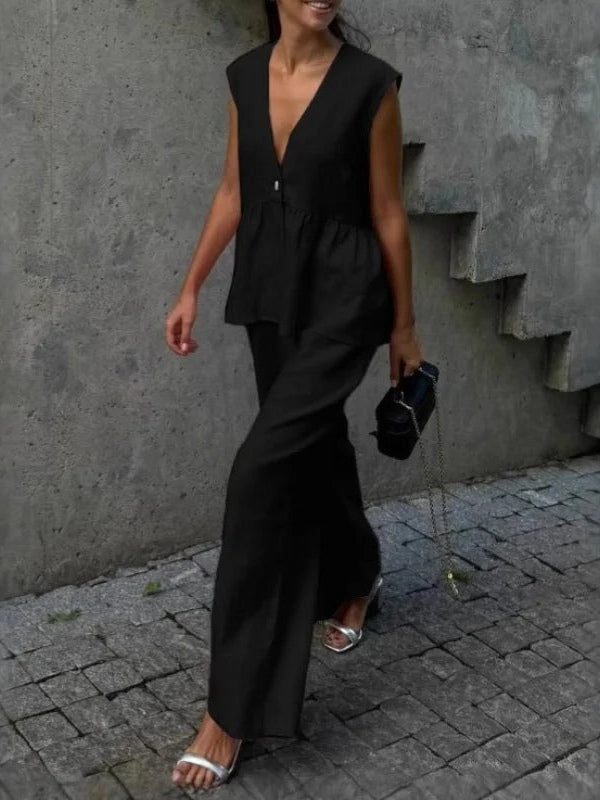 Conjunto de Dos Piezas Lila con Cuello en V y Volantes