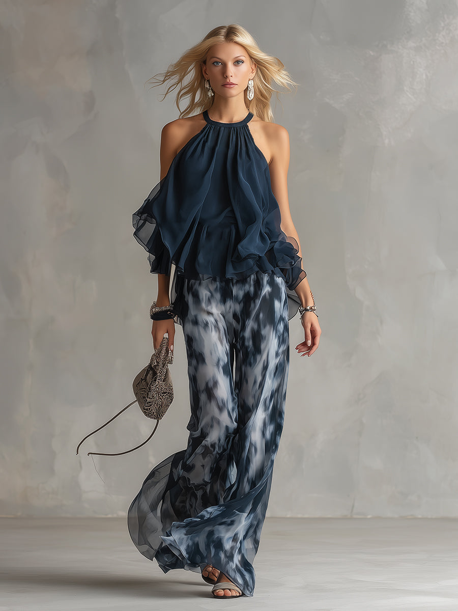 Luna | Elegante conjunto de gasa con blusa de cuello alto y pantalones anchos estampados