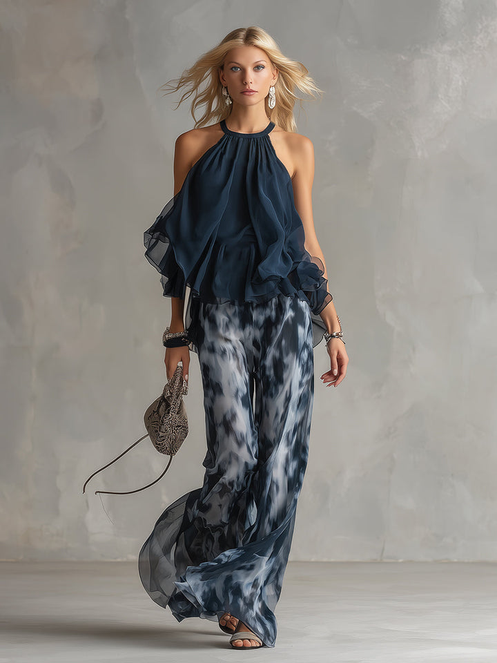 Luna | Elegante conjunto de gasa con blusa de cuello alto y pantalones anchos estampados