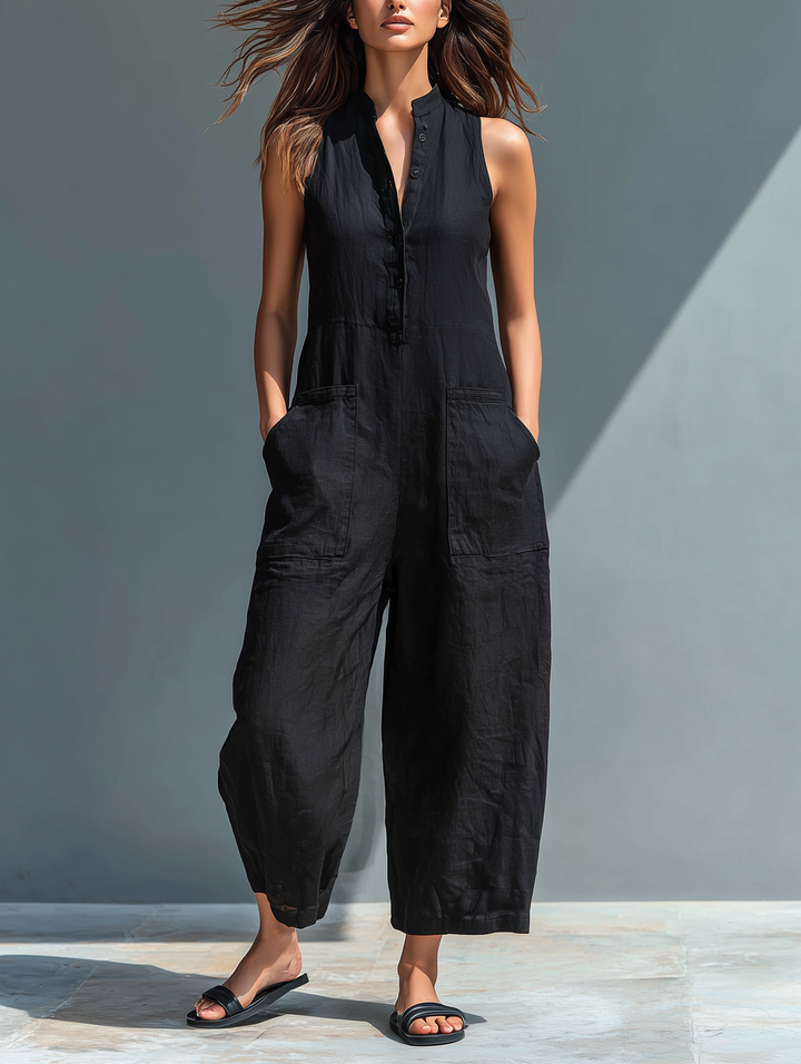 Claudia - Pantalón de tirantes minimalista de lino para mujer, sin mangas, cuello alto y botones