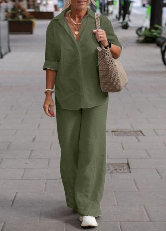 Denice™ Elegante Conjunto Casual de Dos Piezas | Camisa de Botones Suelta y Pantalón Amplio
