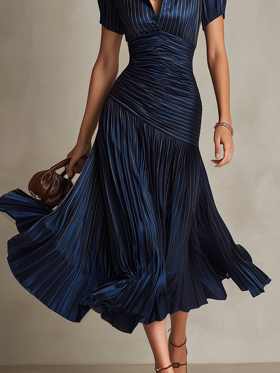 Adriana - Vestido midi satinado con rayas vintage