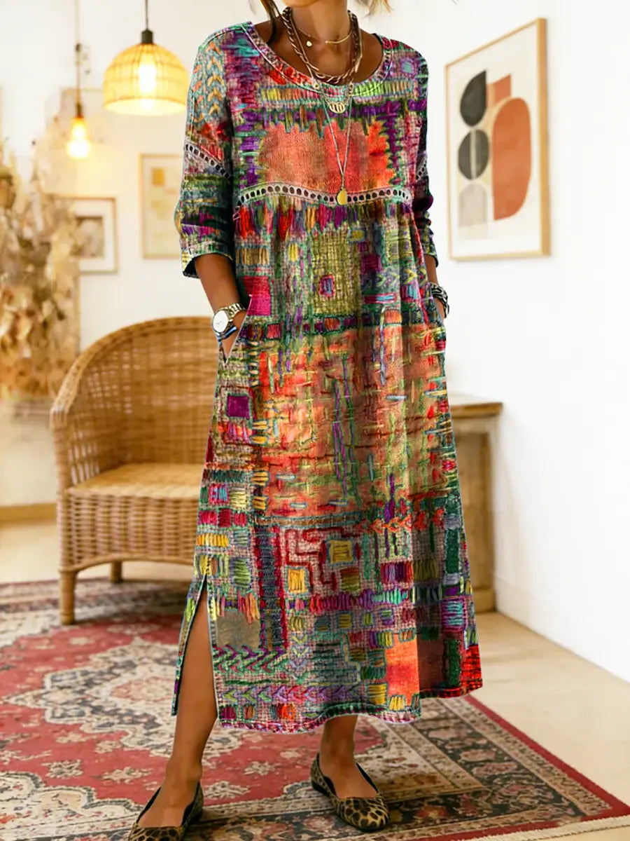 Manuela | Vestido Estampado con Patchwork Étnico