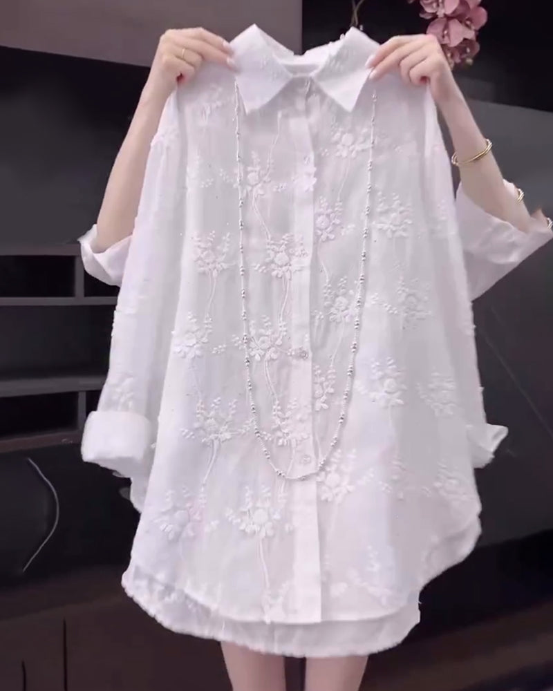 Annalise™ | Camisa Floral de Color Sólido con Hombros Caídos