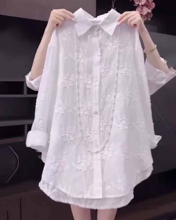 Annalise™ | Camisa Floral de Color Sólido con Hombros Caídos