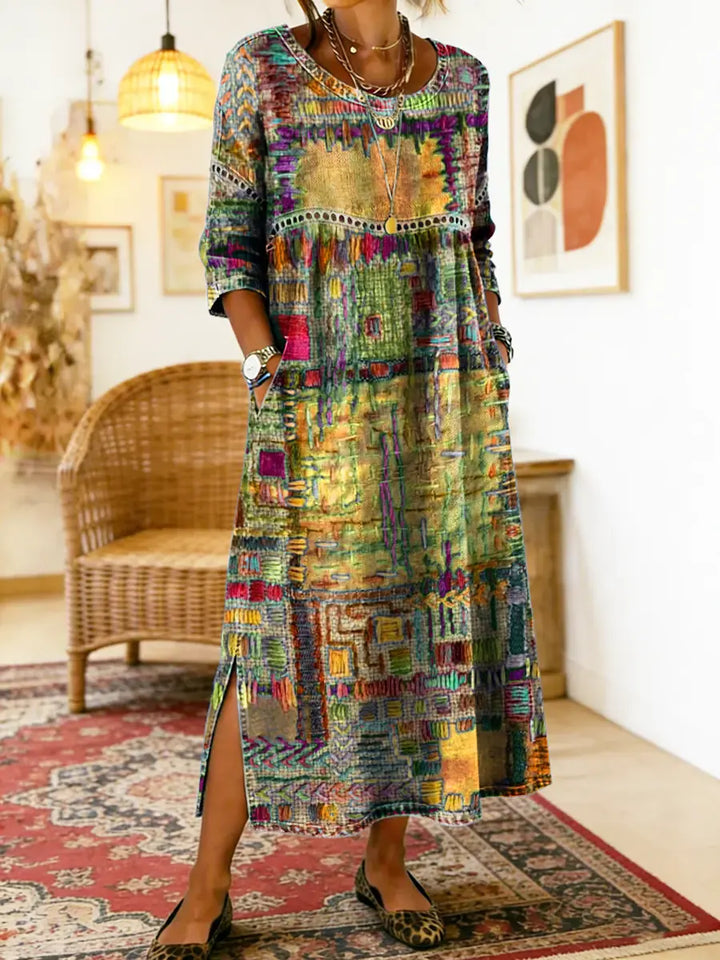 Manuela | Vestido Estampado con Patchwork Étnico