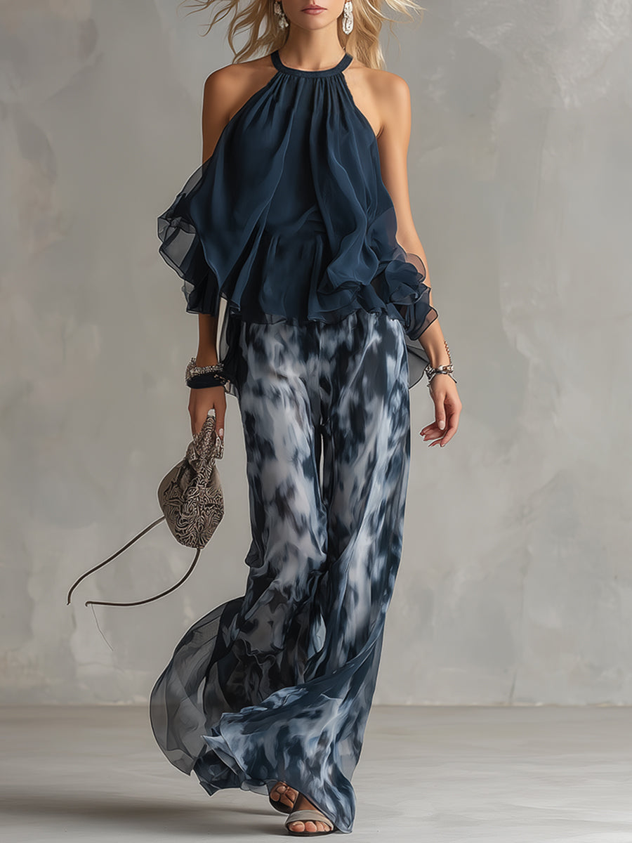 Luna | Elegante conjunto de gasa con blusa de cuello alto y pantalones anchos estampados