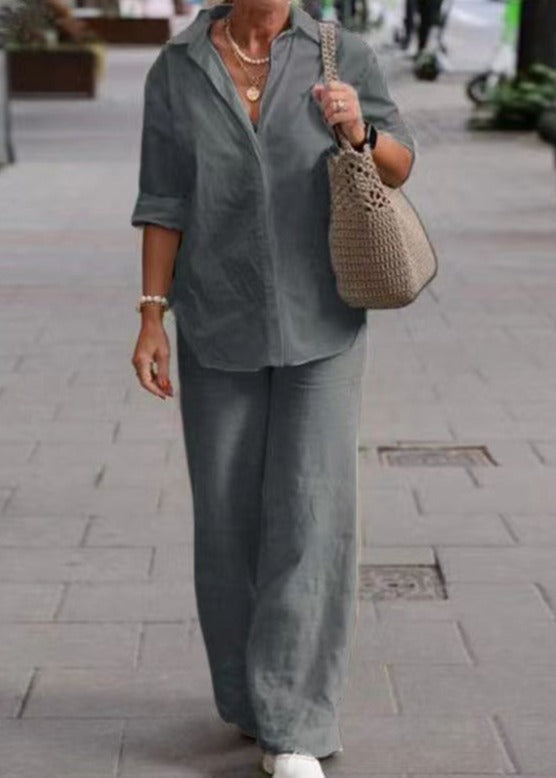 Denice™ Elegante Conjunto Casual de Dos Piezas | Camisa de Botones Suelta y Pantalón Amplio