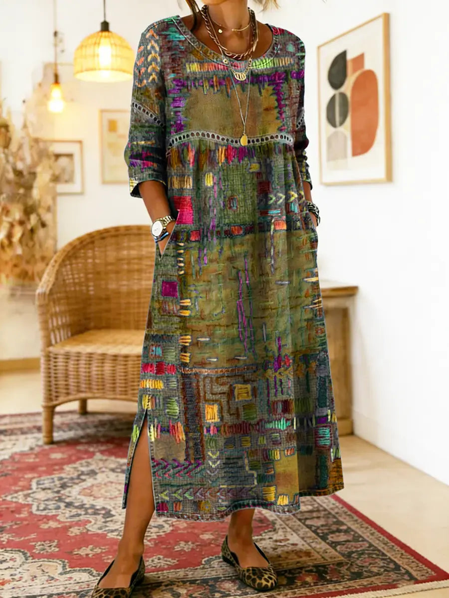 Manuela | Vestido Estampado con Patchwork Étnico
