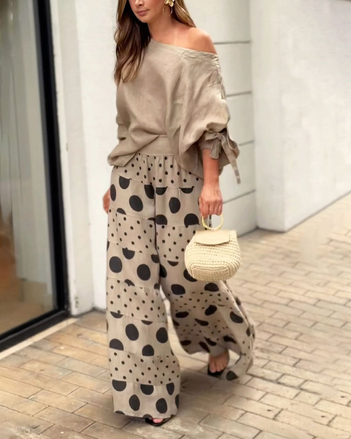 Conjunto Casual de Top con Hombros Descubiertos y Pantalones Estampados Samantha