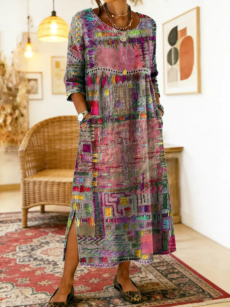 Manuela | Vestido Estampado con Patchwork Étnico