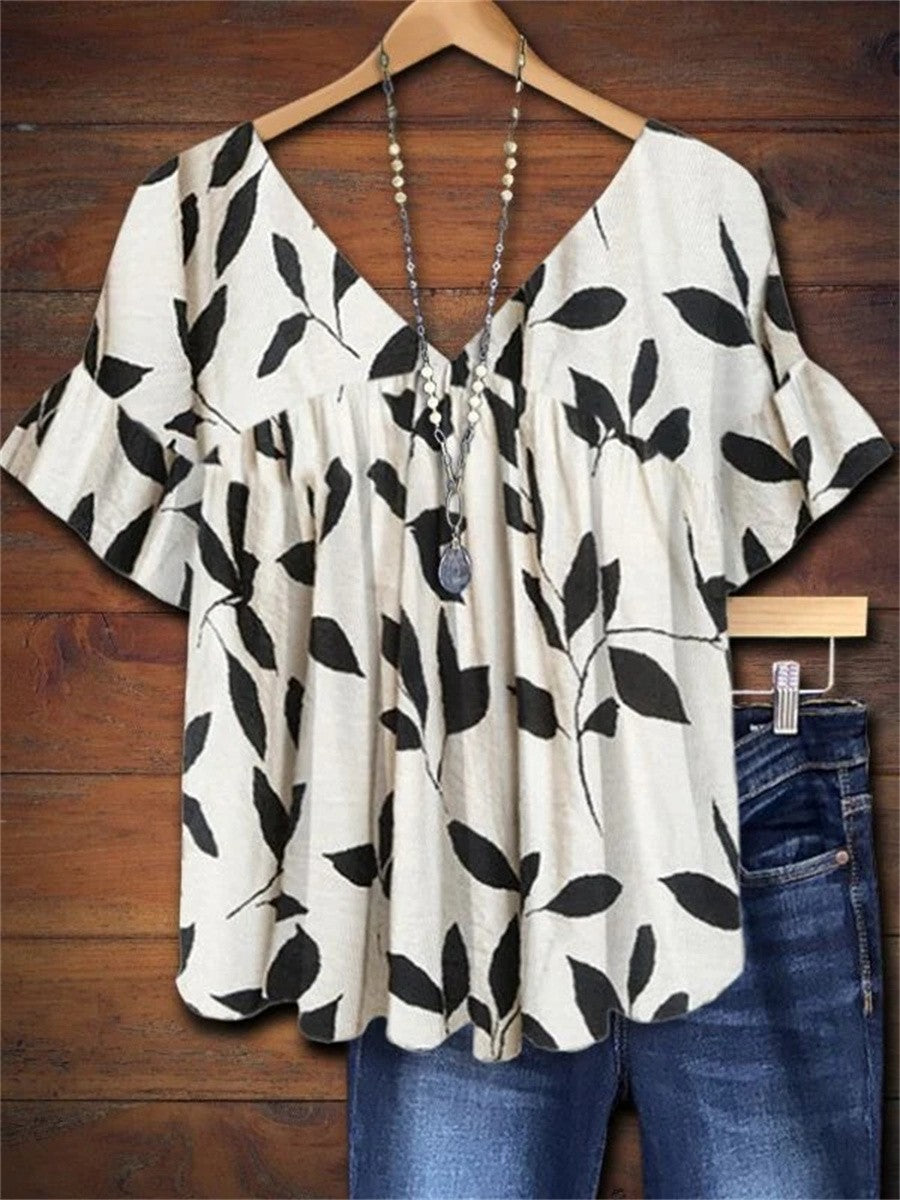 Willow | Blusa de Manga Corta con Volantes y Estampado de Hojas para Dama