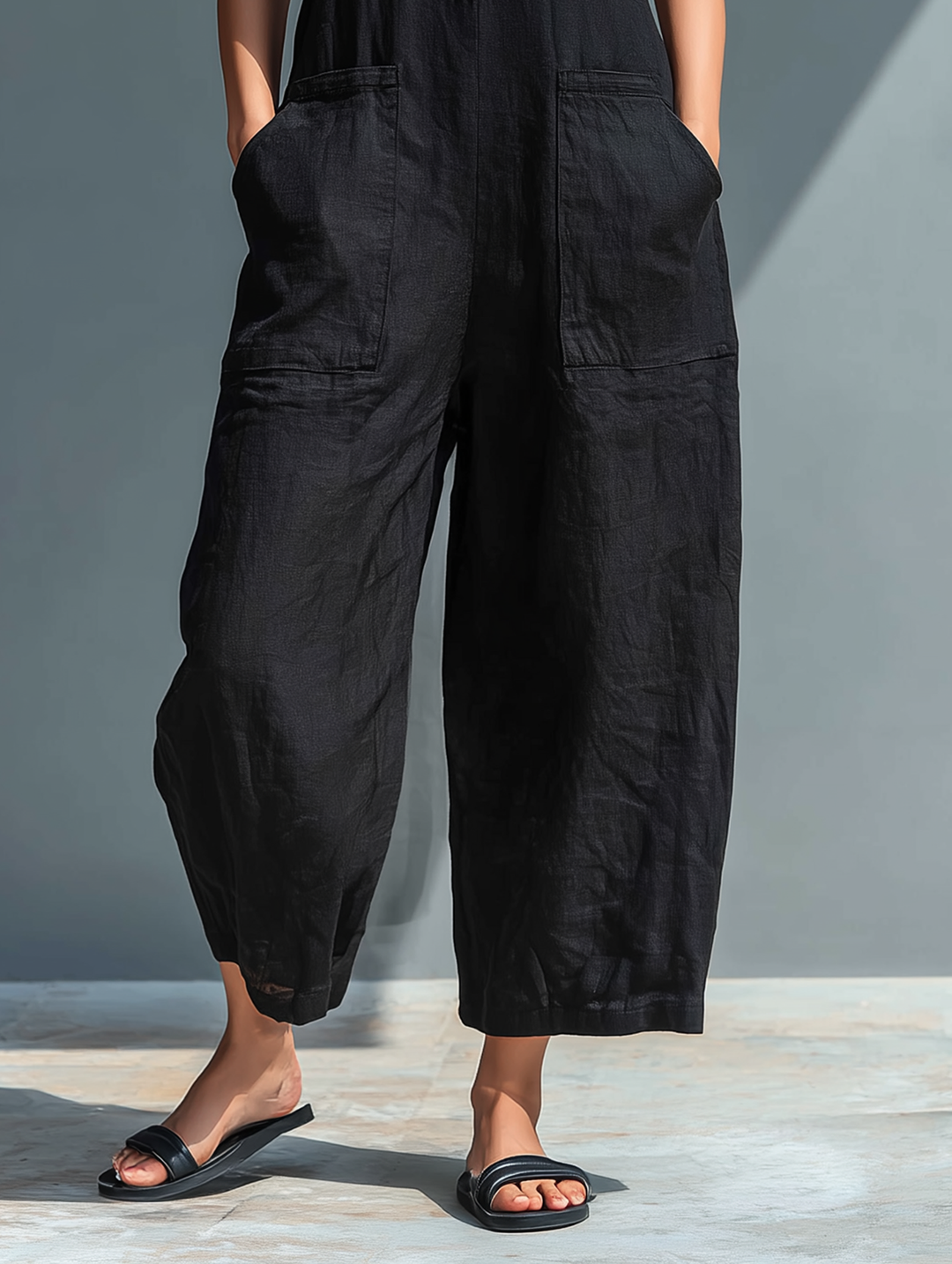 Claudia - Pantalón de tirantes minimalista de lino para mujer, sin mangas, cuello alto y botones