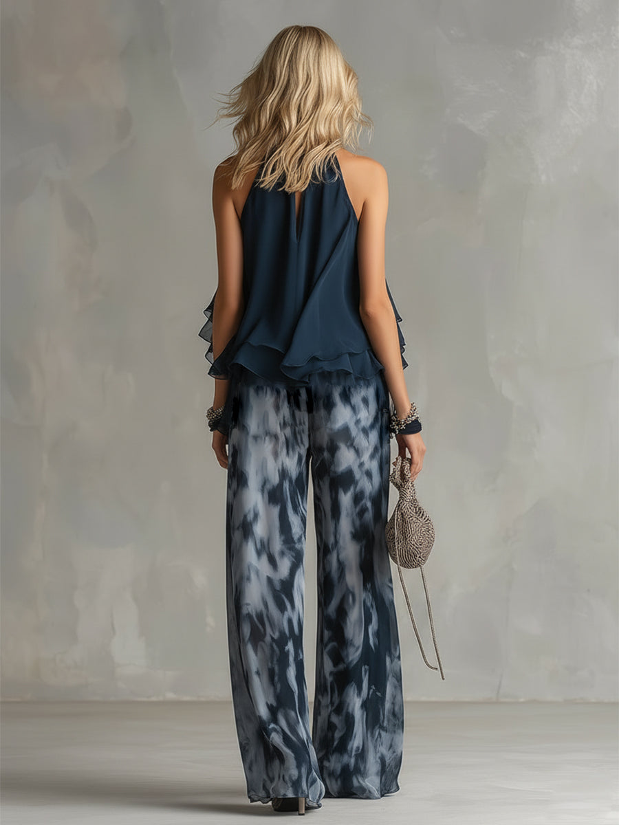 Luna | Elegante conjunto de gasa con blusa de cuello alto y pantalones anchos estampados