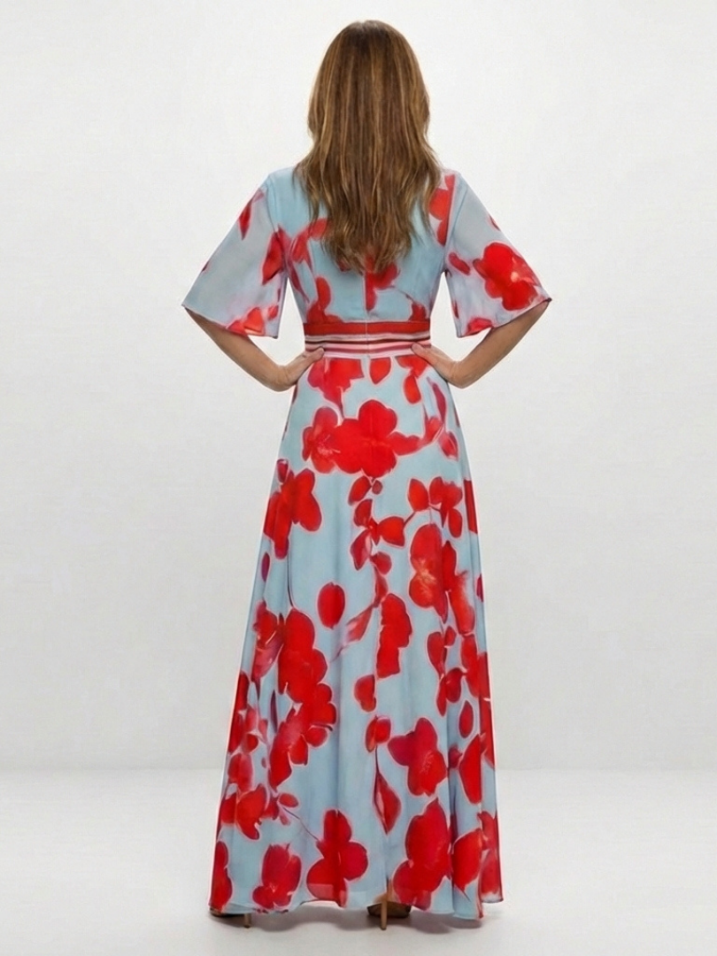 Ellis & Johnson™ | Vestido Maxi Floral de Manga Corta con Escote en V