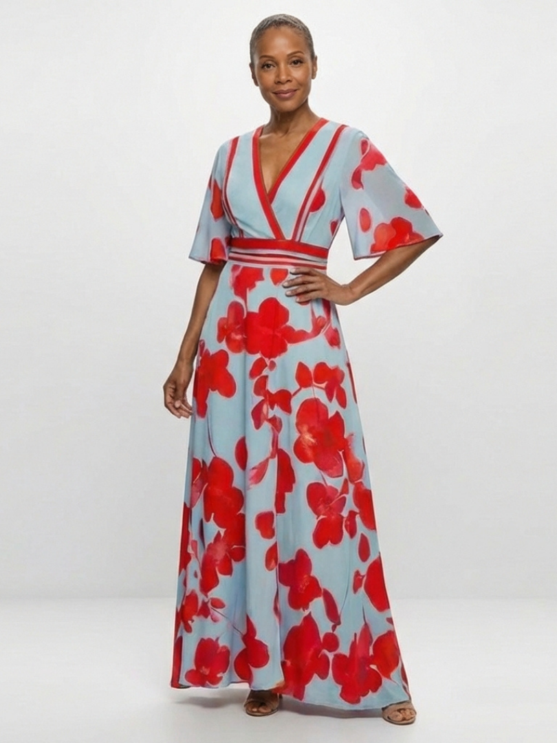 Ellis & Johnson™ | Vestido Maxi Floral de Manga Corta con Escote en V