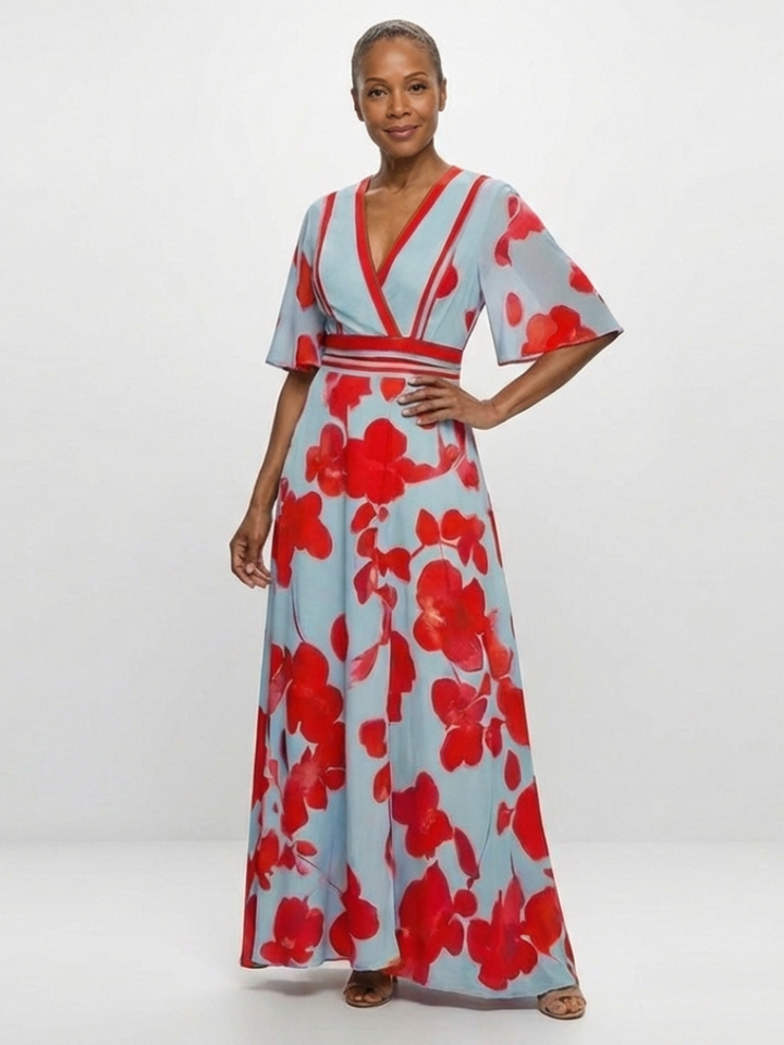 Ellis & Johnson™ | Vestido Maxi Floral de Manga Corta con Escote en V