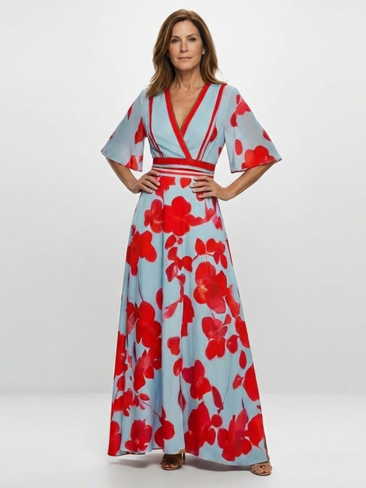 Ellis & Johnson™ | Vestido Maxi Floral de Manga Corta con Escote en V