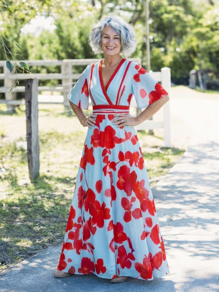 Ellis & Johnson™ | Vestido Maxi Floral de Manga Corta con Escote en V