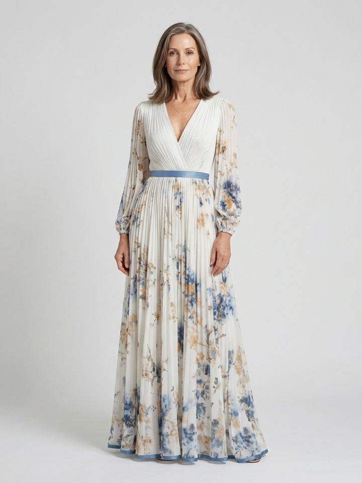 Ellis & Johnson™ | Vestido Maxi Floral de Manga Larga con Escote en V